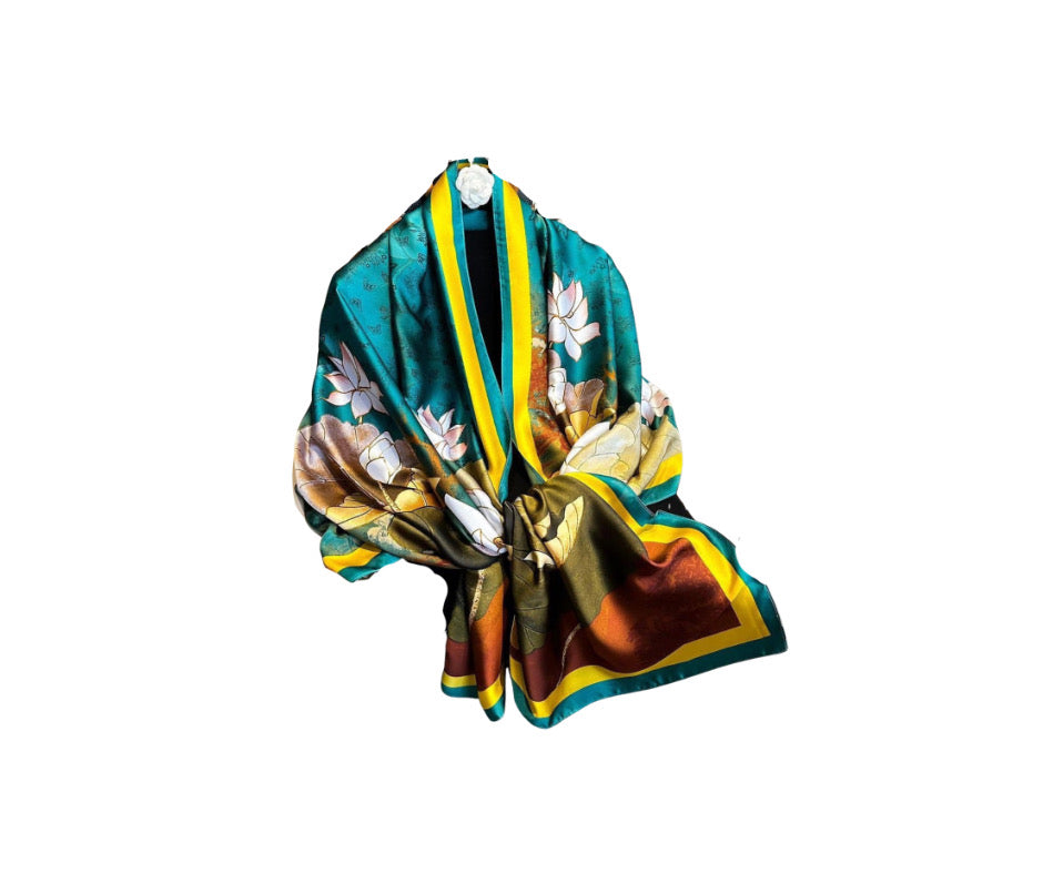 Teal & Gold Lotus Silk Scarf