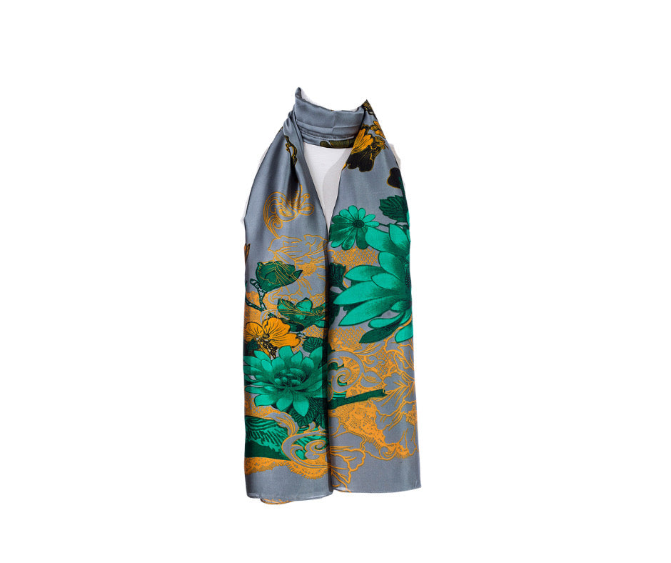 Grey Silk Scarf with Green and Yellow floral